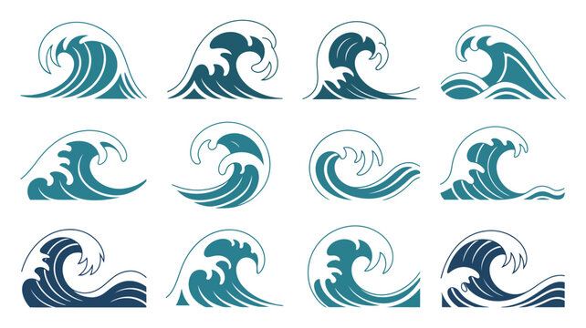 Collection of ten teal wave shapes isolated on a white background high quality professional detailed modern