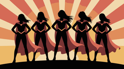 Five superheroine silhouettes with flowing capes against a vibrant radial background high quality professional detailed modern © Peradox