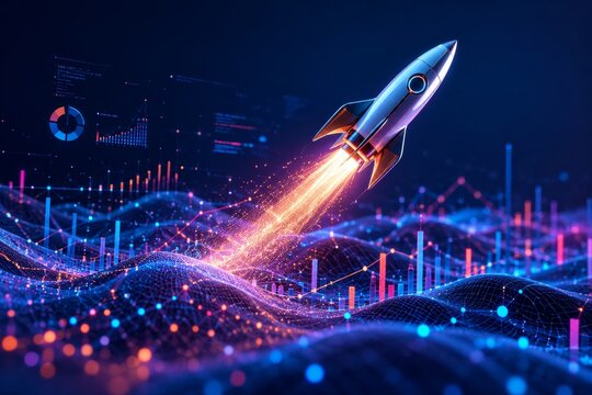 Rocket futuristic digital data science landscape abstract flying 3d render showing technology innovation speed motion network AI driven analytics in cyber space concept background