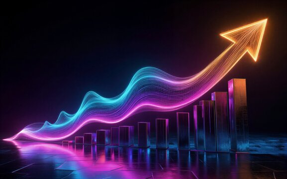 Vibrant neon arrow soars above glowing bars symbolizing growth and