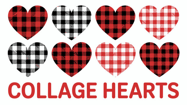 Collection of heart shapes with buffalo plaid pattern red and black checkered design on white background
