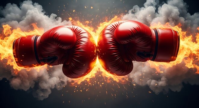 Two red boxing gloves colliding heavily with bright fire flames and smoke explosion