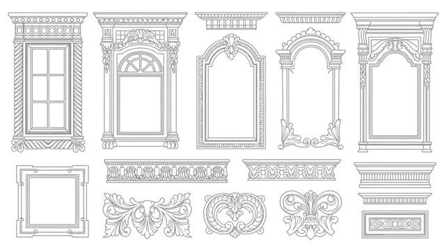 Ornate window and door frame line art collection on a white background high quality professional detailed