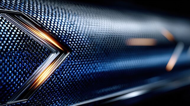 Luxury Car Interior Close-Up, Deep Blue Pebbled Leather with Polished Chrome Trim, Dramatic Lighting, Premium Automotive Upholstery, High-End Design Material