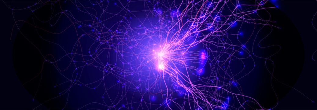 Neuron Firing Human Brain Neural Network Innovate Science Technology Background. Medical Neurology Bio Tech Scientific Research Banner Flash Glow Fractal. Blue AI Digital Net. Vector Illustration