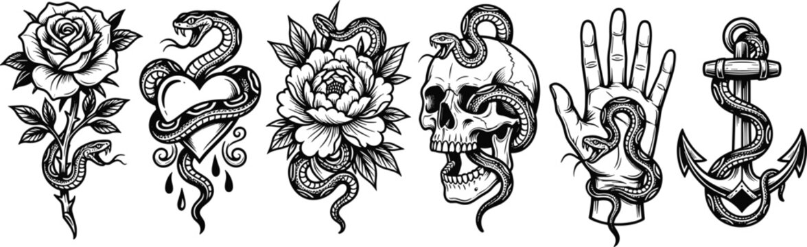 Vintage Snake and Tattoo Illustration Set Featuring Skull, Rose, Heart and Anchor Designs in Engraving Vector Style