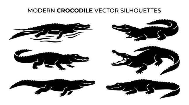 Wild crocodile silhouette vector collection action poses animal illustration set