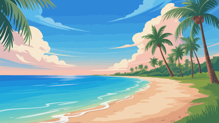 Obraz premium Tropical beach illustration with palm trees blue ocean and fluffy clouds in a scenic landscape