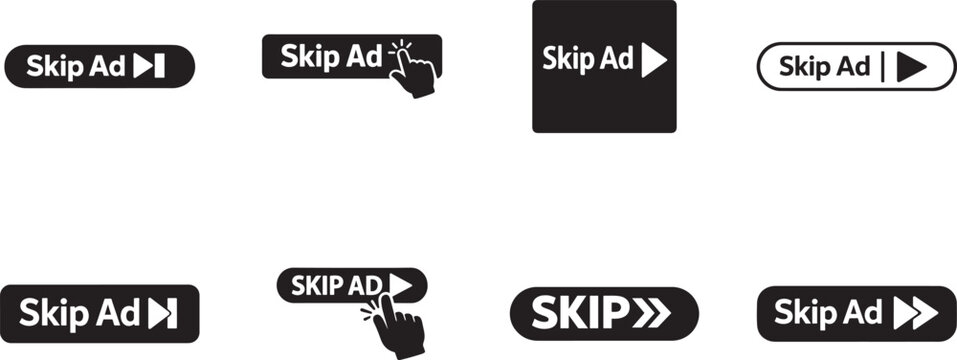 Skip ad button black vector icon set for advertising, video player, click action and UI design.
