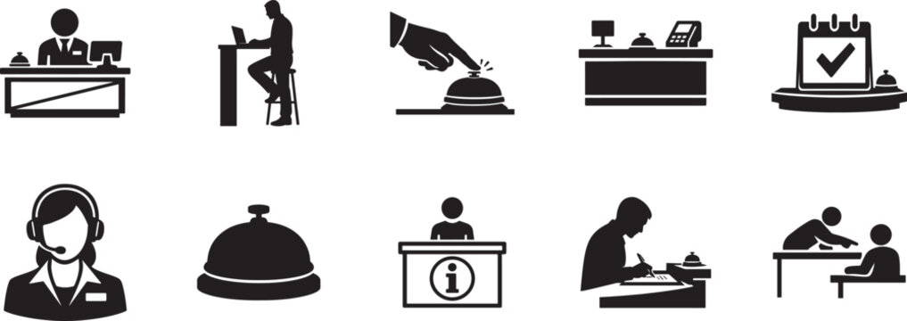Reception desk line icon set with hotel service, receptionist, reservation and guest support.