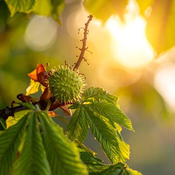 Sunlit conker on branch
