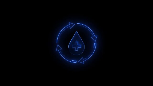 Glowing blue neon circle with arrows surrounding a water drop featuring a plus sign symbolizing medical donation or fluid exchange on a dark black background. Keywords: blue neon, glowing