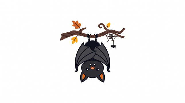 Tiny bat hanging from branch Halloween flat color clip art illustration