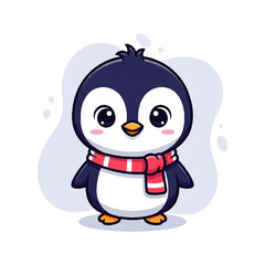 Fototapeta premium Cute vector flat design illustration of a baby penguin wearing a red scarf, perfect for winter themes