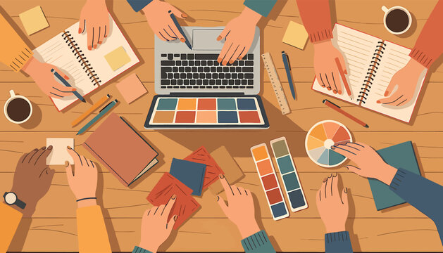 Top view of a diverse group of multi-ethnic people joining hands together in a central circle, symbolizing unity, teamwork, cooperation, and community support in a flat vector illustration.