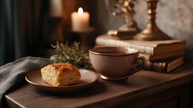 A comforting still life setup featuring a pastry hot beverage and stacked vintage books on a rustic wooden table