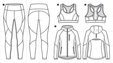 Naklejka premium Sports Activewear Technical Flat Vector Set – Gym Leggings Sports Bra Running Jacket Apparel Template