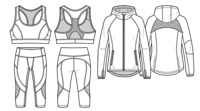 Women Activewear Flat Vector Collection &ndash; Leggings Sports Bra Jacket Technical Fashion Illustration