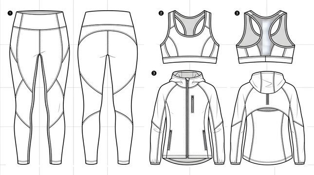 Sports Activewear Technical Flat Vector Set &ndash; Gym Leggings Sports Bra Running Jacket Apparel Template