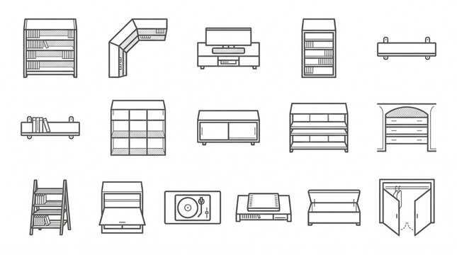 Living Room Storage and Media Unit Icon Set &ndash; Top-Down Floor Plan Symbols