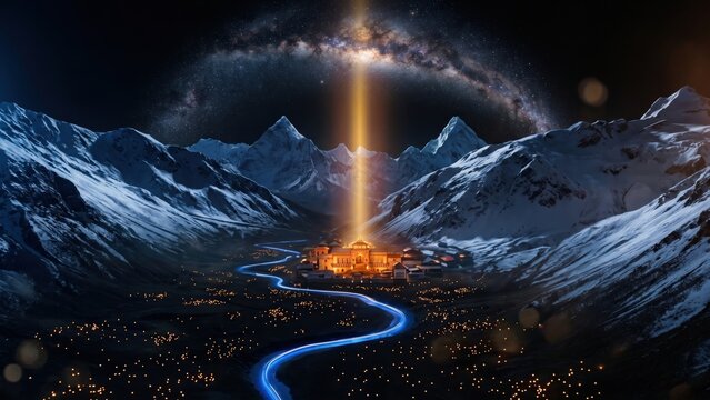 Badrinath Temple Valley at Night &mdash; Himalayan Aerial View