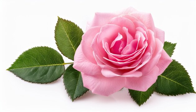 pink rose flower with leaf and stem isolated on white white background