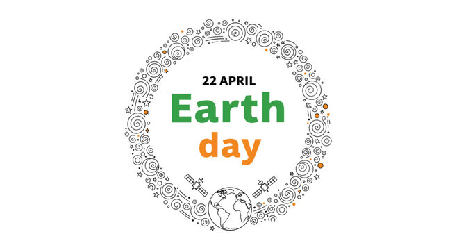 Earth day promotional logo for april twenty second featuring a green and orange text inside a celestial circular doodle border.