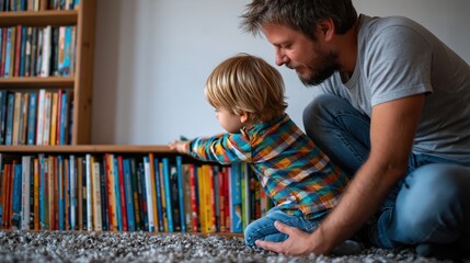 Fototapeta premium Father helping young child choose a book from low shelf at home