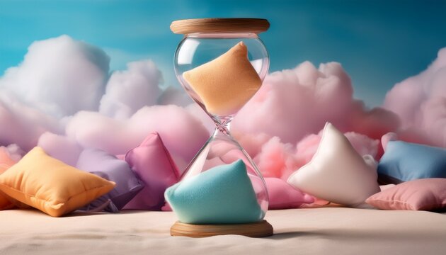 surreal hourglass filled with colorful pillows instead of sand in a dreamy landscape of soft clouds and gentle pastels