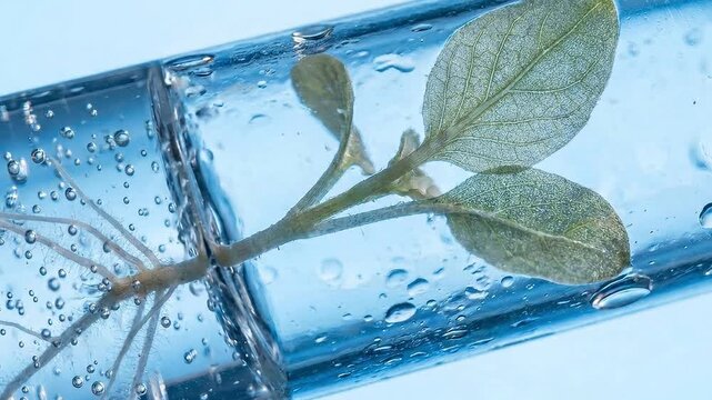 Young green plant with visible roots suspended within a clear test tube in blue liquid.