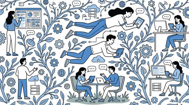 Digital Communication and Remote Work Pattern Featuring People Using Technology in Modern Blue Vector Style