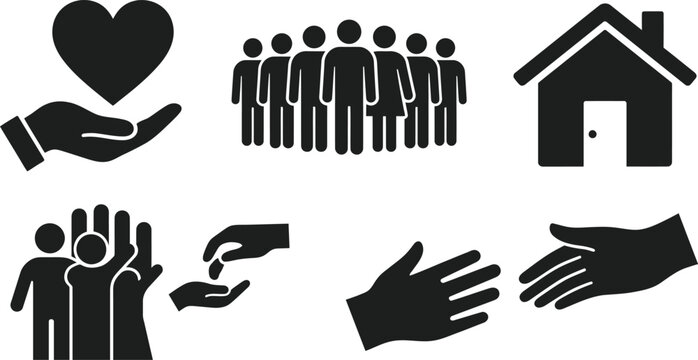 Community Support And Charity Icons Representing Care Donation Shelter And Human Assistance Services 