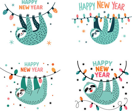 Set of cute sloth illustrations hanging on Christmas lights with Happy New Year text for holiday greeting cards and festive decorations
