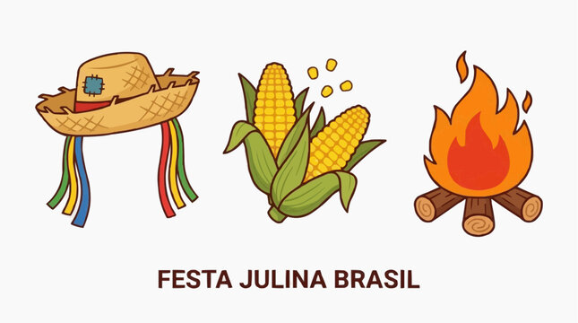 Festa junina brazil elements traditional straw hat, corn cobs, and bonfire