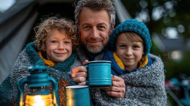 Father and sons enjoying warm drinks outside tent at dawn