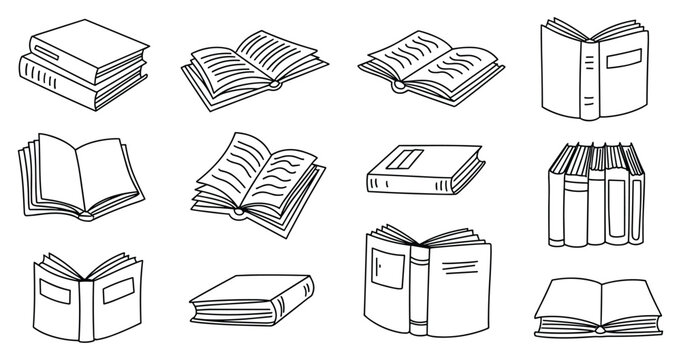 Book Collection: A diverse compilation of book drawings, open and closed, set against a pristine backdrop, creating a canvas of knowledge and imagination. Literature, reading, education, learning.