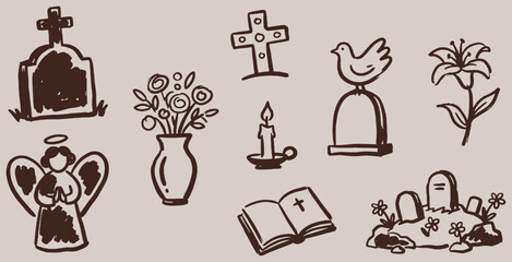 Naklejka premium Collection of hand-drawn cemetery and memorial elements including gravestones, angel, flowers, and candle.