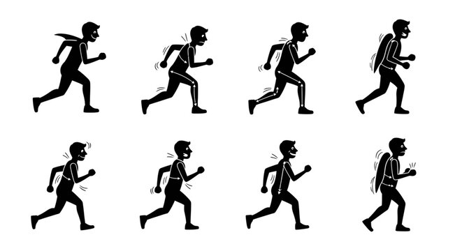 Man running animation frames with joint indicators.
