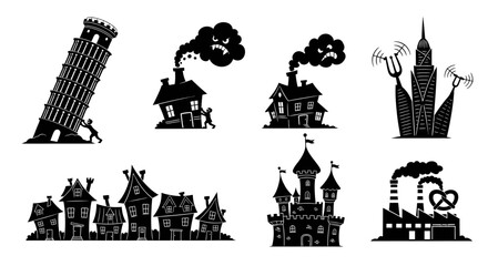 Fototapeta premium Creative architecture concept set featuring stylized buildings houses and landmark icons in black silhouette style.