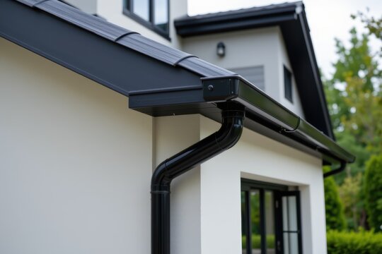 Black rain gutter system attached to a modern white house exterior under the roof.
