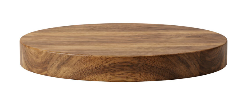 Round wooden cutting board or product display podium made of acacia wood. Isolated on transparent background, png