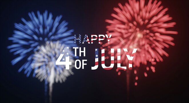 Happy 4th of July text overlay with red and blue fireworks exploding in the night sky, patriotic celebration concept, festive holiday background