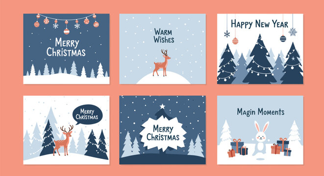 Set of six winter holiday greeting cards with reindeer snowy landscapes christmas trees a white rabbit and festive merry christmas messages.