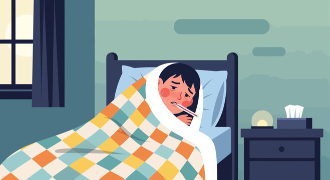 Feeling Unwell Person Resting In Bed With Flu Symptoms and A Thermometer