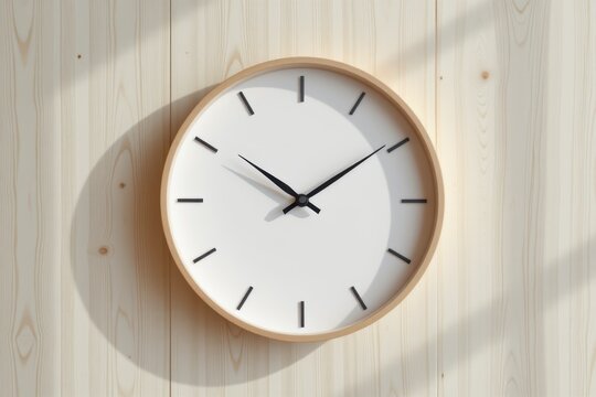 Wall clock with minimalist design casting a shadow on light wooden paneling.