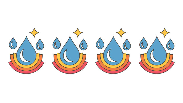 Stylized water drop icons with rainbow arcs and sparkles on a white background high quality professional