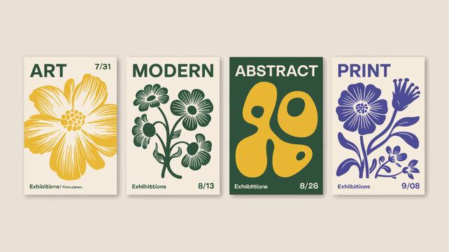 Four floral art prints with text modern graphic design on colored backgrounds high quality professional detailed