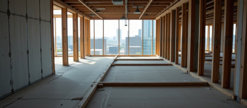 Empty commercial building interior under construction with exposed framing and large windows