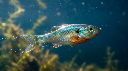 Fototapeta premium A Small, Shimmering Baitfish Swimming Underwater Amongst Aquatic Plants