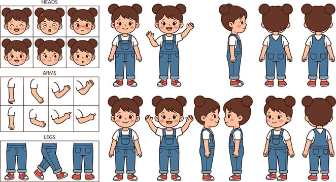 Cute Little Girl Character Turnaround Sheet Featuring Cartoon Child Poses and Body Parts Reference in Vector Style